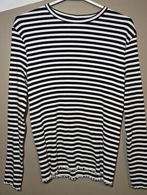 VILA Women's Black White Striped Ribbed LS Organic Cotton Top EU XXL Lettuce Hem